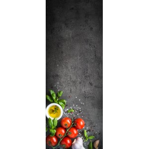 Memo-Art Memoboard Ingredients 80x30 cm mit Tomaten, Basilikum und Öl auf dunklem Hintergrund.