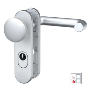 Feuerschutz-Türbeschlag aus Aluminium F1, Kurzschild, mit Zylinderabdeckung und Knopf.