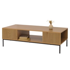Couchtisch MCW O39 mit Ablage, Lamellenfronten, naturfarbenes Melamin und schwarzes Stahlgestell.