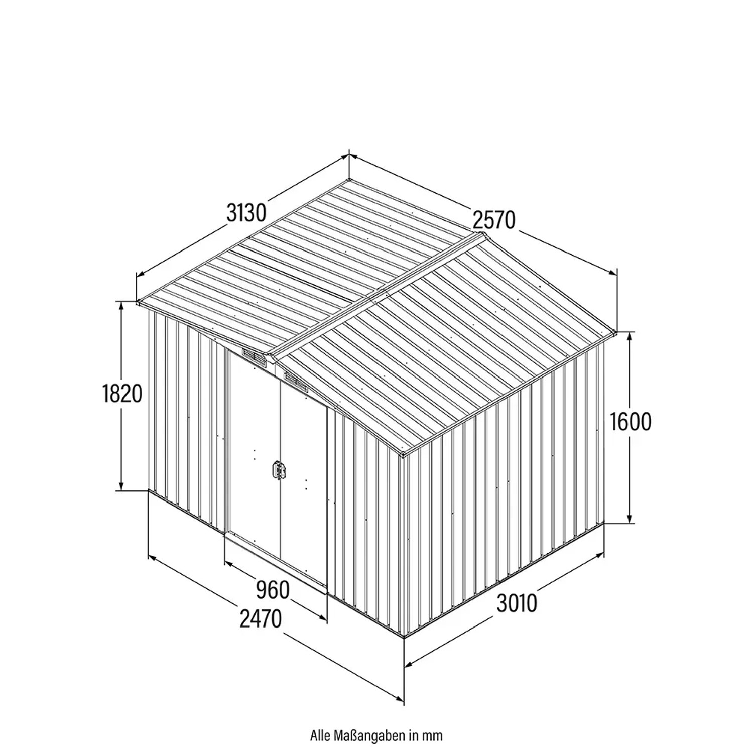 Skizze: Home Deluxe Geräteschuppen Bohio XXL, Maße 257x313x178cm, Gerätehaus aus Metall.