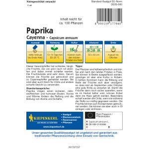 Kiepenkerl Paprika Cayenna Samenpackung mit Aussaat- und Erntehinweisen.
