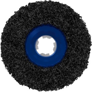Schwarze Bosch X-Lock Reinigungsscheibe für Metall, 125 mm Durchmesser, mit blauem Zentrum. Zubehör für Winkelschleifer.