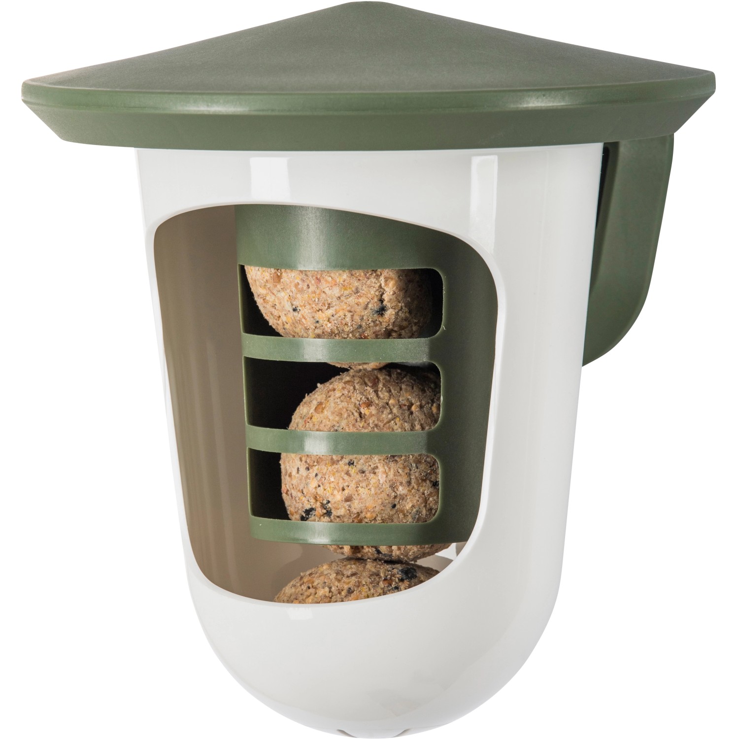 SingingFriend Vogelfutter-Spender Multi Feedr, grün-weiß, gefüllt mit Futter.