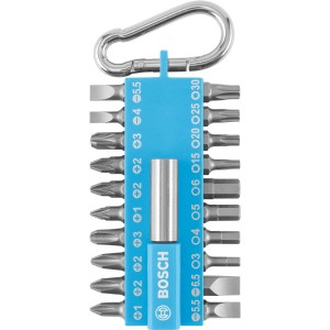 Bosch Schrauberbit-Set, 21-teilig, mit Snap-Hook. Bits für gängige Schrauben, hellblaue Halterung.
