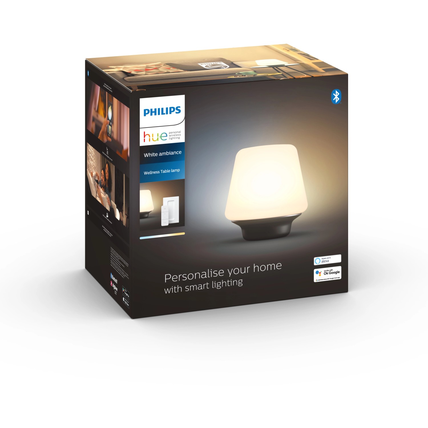 Verpackung der Philips Hue White Ambiance Wellness Tischleuchte mit Dimmer in Schwarz.