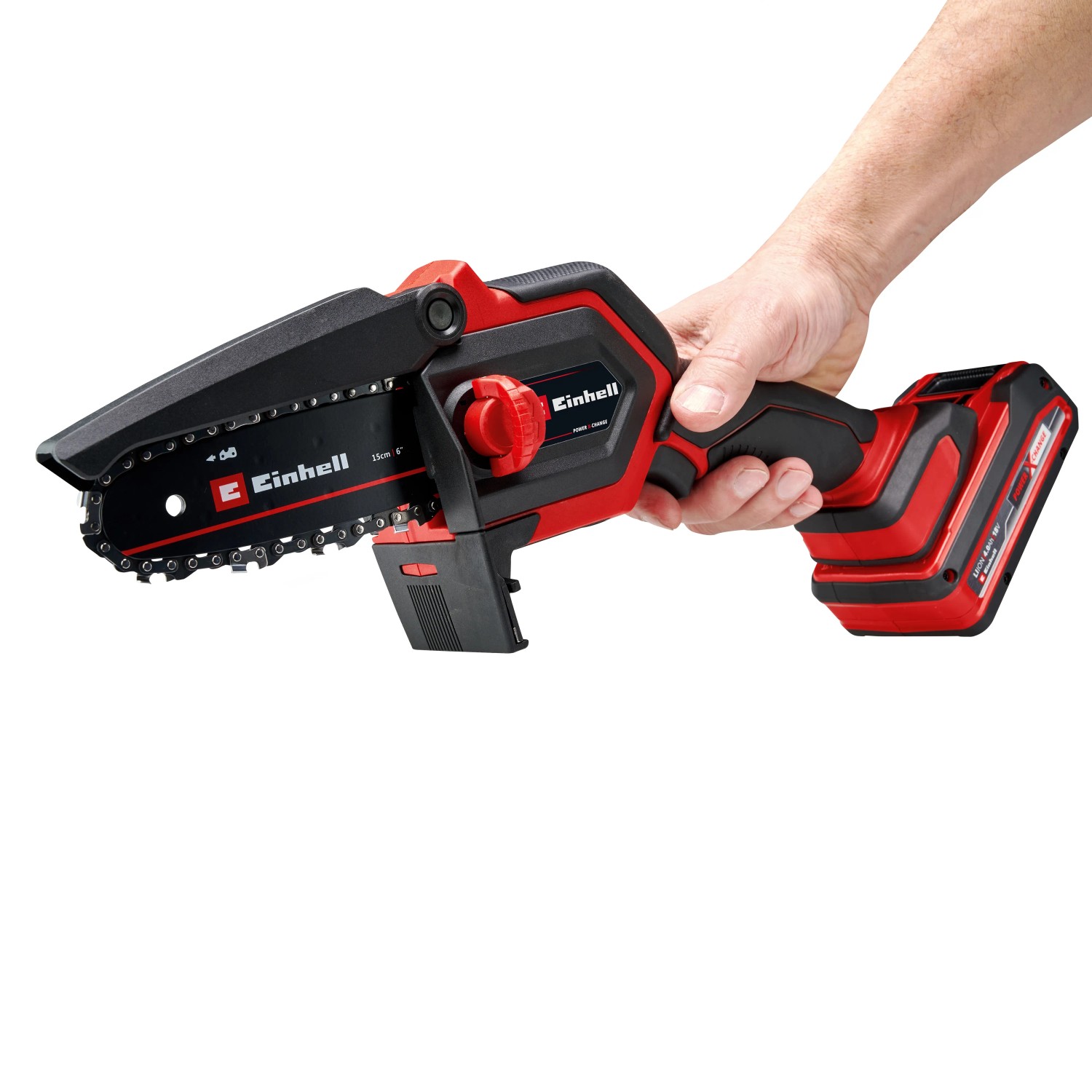 Einhell Akku-Kettensäge GE-PS 18/15 Li BL-Solo in Rot/Schwarz mit Hand, ohne Akku/Ladegerät.