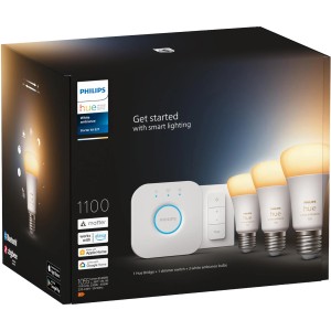 Philips Hue Starter Set mit 3 E27 White Ambiance Lampen, Dimmschalter und Bridge für smarte Beleuchtung.