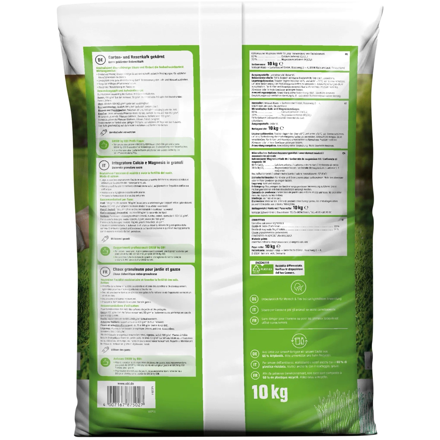 Verpackung OBI Garten- und Rasenkalk Dolomitkalk, 10 kg, zur Bodenverbesserung und Neutralisierung saurer Böden.