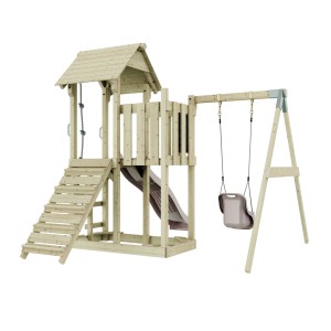 PolarPlay Babyschaukel Bergen in Altrosa: Spielturm mit Rutsche, Schaukel und Kletterelementen aus Holz.