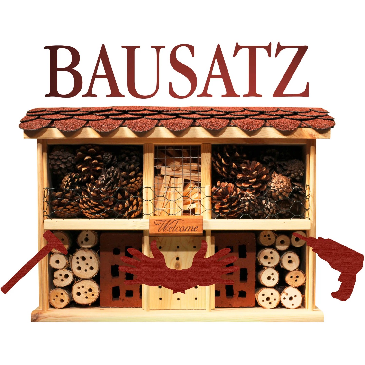 Dobar Insektenhotel-Bausatz Landhaus Komfort mit Füllmaterialien und Werkzeug-Illustrationen.