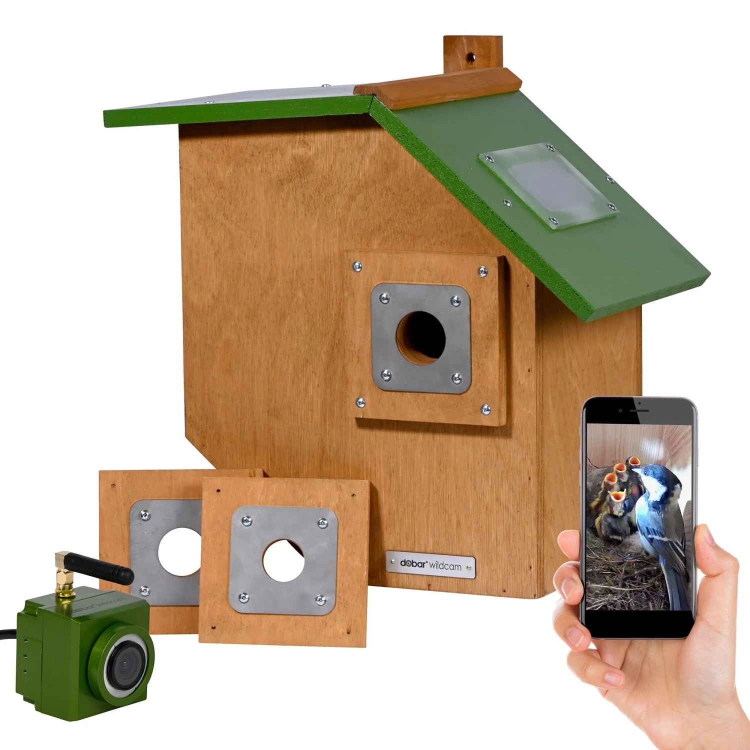 Holz-Nistkasten mit grünem Flachdach, HD-WiFi-Kamera, wechselbaren Einfluglöchern und App für Vogelbeobachtung.
