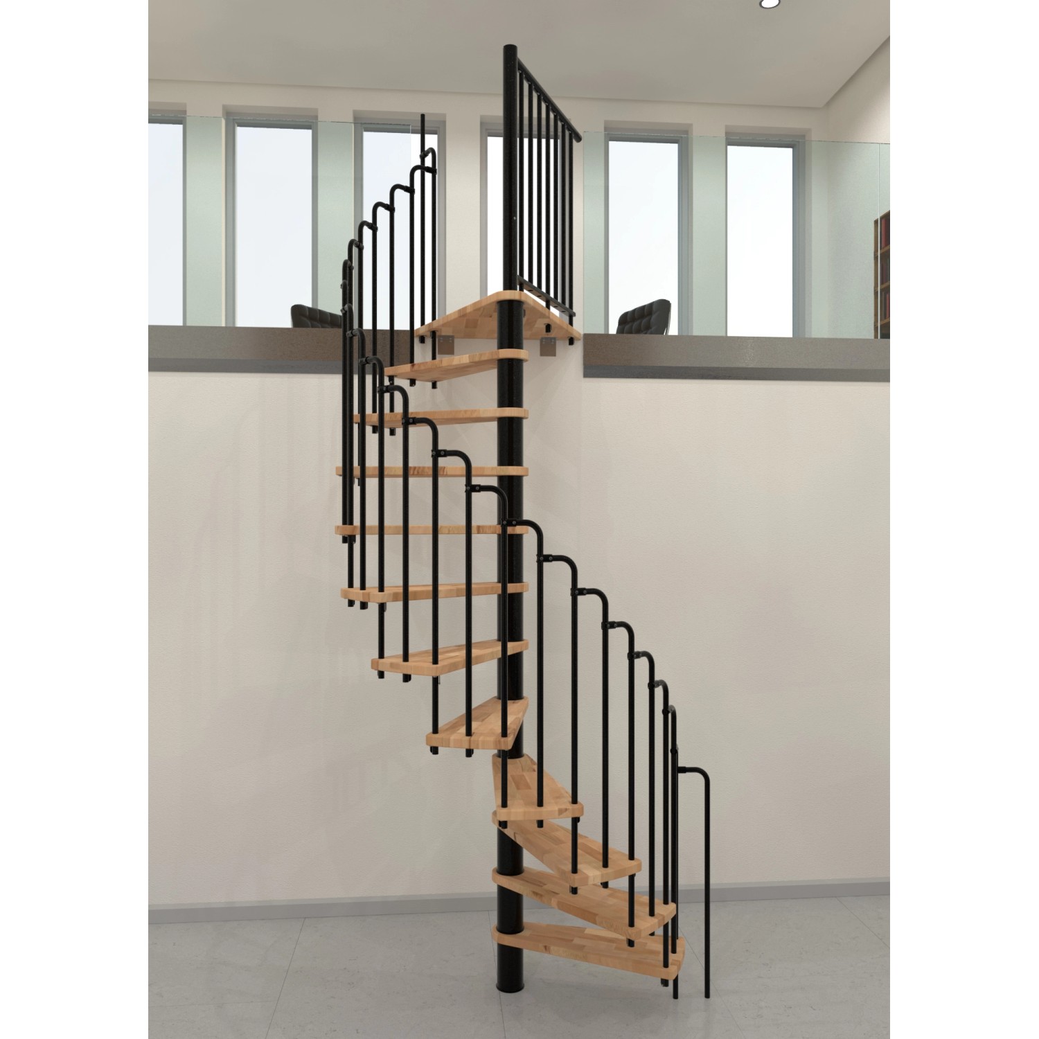 Minka Spindeltreppe Paris, Buche/Schwarz, Durchmesser 140 cm. Innentreppe mit Holzstufen und schwarzem Geländer.