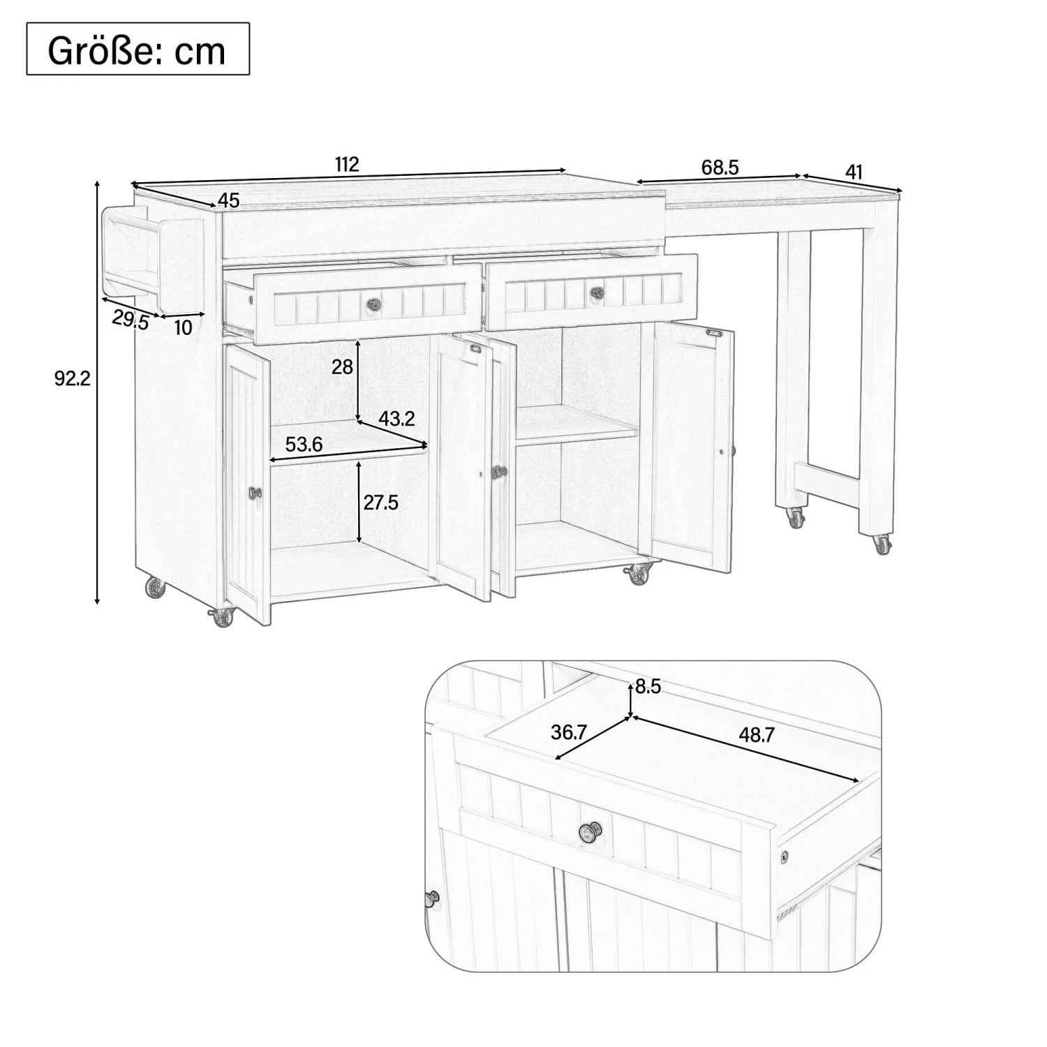okwish Kücheninsel mit Ausziehfunktion Rollen Schubladen 112-180.5x45x92.2cm Weiß Braun_5