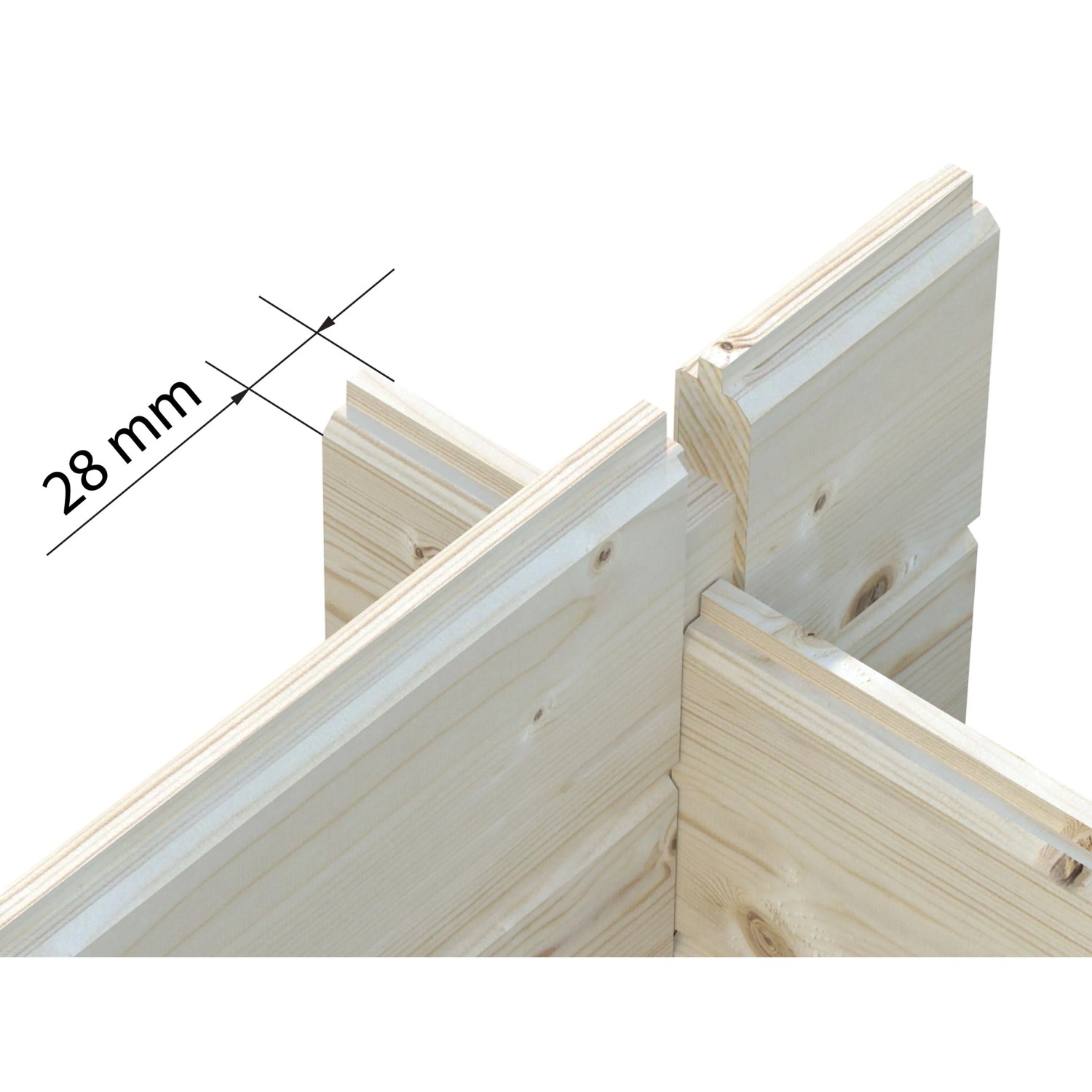 Detailaufnahme: 28 mm Wandstärke des Palmako Ella Holz-Gartenhauses.
