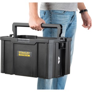 Schwarze Stanley FatMax Tstak Werkzeugtrage im Tragezustand.
