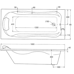 Skizze der Ottofond Whirlpool Badewanne Jamaica Premium, 180x80 cm, mit Maßangaben.