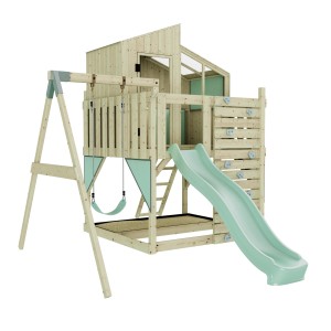Mintgrüne PolarPlay Kinderschaukel Lotta mit Rutsche und Kletterwand für den Garten.