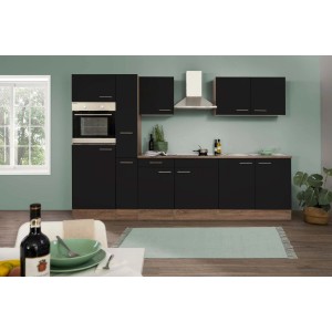 Respekta Küchenzeile 300 cm in Schwarz Seidenglanz und Eiche York Dekor.