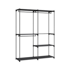 Schwarzer Songmics Kleiderschrank (138x43x182 cm) mit Hängevorrichtungen und Ablagen.