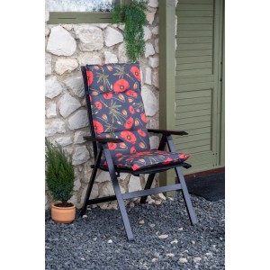 Beo Sitzauflage Hochlehner Trondheim 2er-Set mit Mohnblumenmuster auf Gartenstuhl.