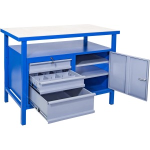 Güde Werkbank P 1200 SLT in Grau-Blau mit Schubladen, Tür und Ablagefächern.