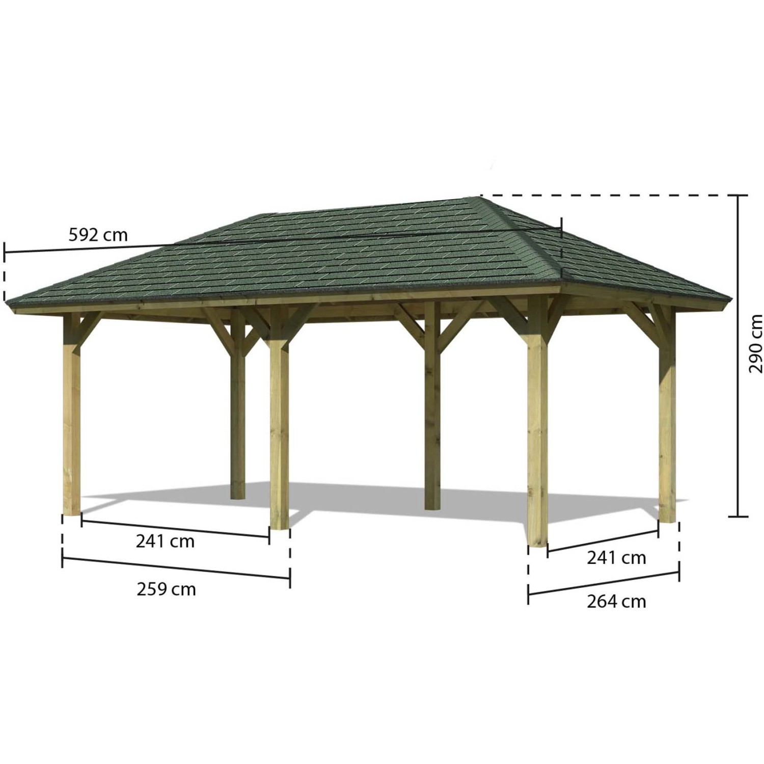Karibu Pavillon Varberg 2 Set mit grünen Schindeln, kesseldruckimprägniertem Holz und Maßen.