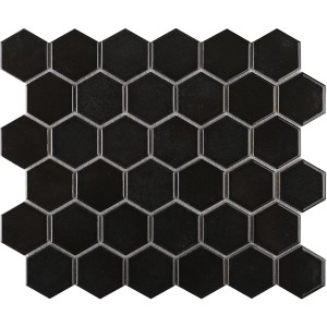 Mosaikmatte Castello Hexagon, Keramik, Schwarz, 32x28 cm. Detailansicht der Mosaikfliesen.