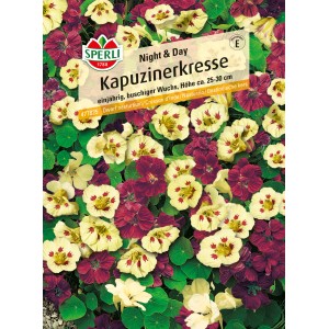 Samenpackung Sperli Kapuzinerkresse 'Night & Day' mit gelben und dunkelroten Blüten.