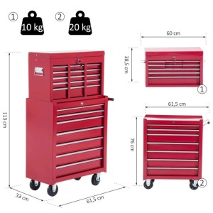 Roter HOMCOM Werkzeugwagen aus Stahl mit 16 Schubladen und Rollen, 113 cm hoch.
