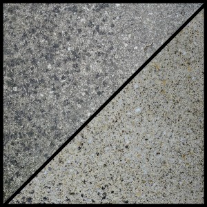 Vorher/Nachher: Steinreinigung mit Einhell Ultra Seitenbürste für Oberflächenbürsten.