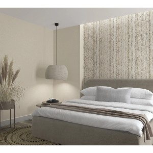 Beige Marburg Vliestapete in Travertin-Optik im Schlafzimmer. Dekorative Struktur für moderne Wandgestaltung.