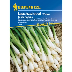 Kiepenkerl Winterlauchzwiebel Tonda musona Samenpackung mit frischen Lauchzwiebeln.