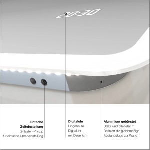Detailaufnahme DSK Design LED-Lichtspiegel Silver Porto mit Digitaluhr und Bedienelementen.