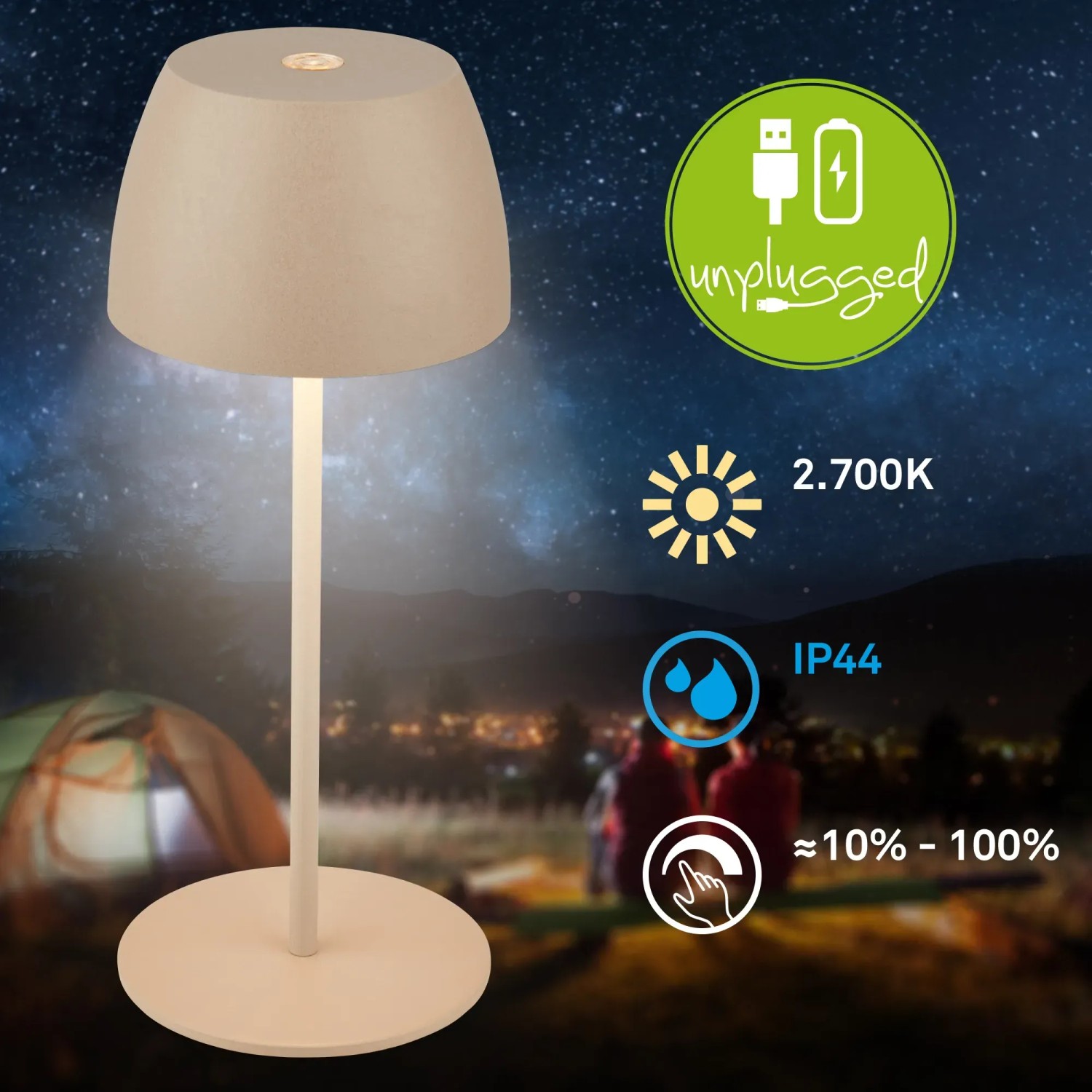 Beige LED Akku-Tischleuchte Serina Mini, 20cm, dimmbar, für den Außenbereich.