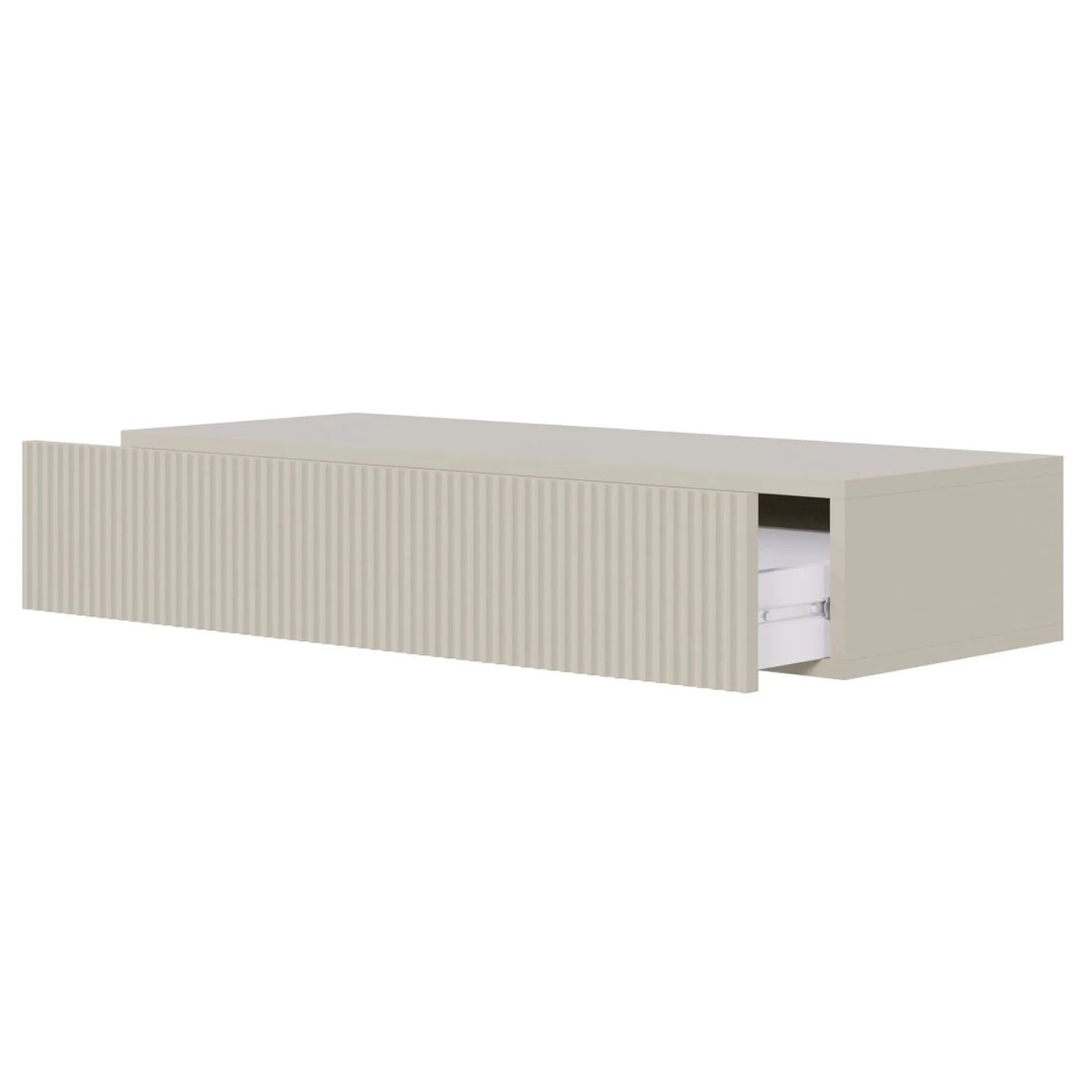 Selsey Veldio Wand-Konsole, greige, mit geriffelter Lamellenfront und offener Schublade, 90 cm.