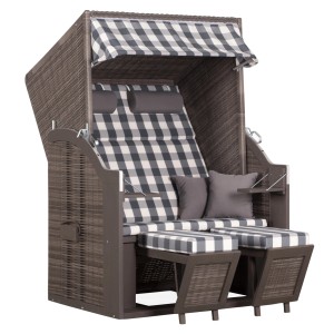 Grauer Strandkorb von Trendy by Devries, Standardmodell mit karierten Kissen und Pinienholz.