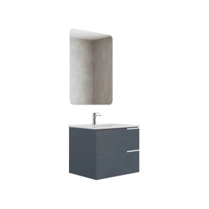Modernes 60 cm Badmöbel-Set Grau Matt: Wandhängender Waschtisch, weißes Keramik-Waschbecken, LED-Spiegel.