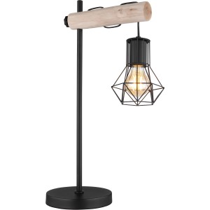Schwarze Globo Design-Tischlampe mit Holzdetails und Metallgeflecht-Schirm.