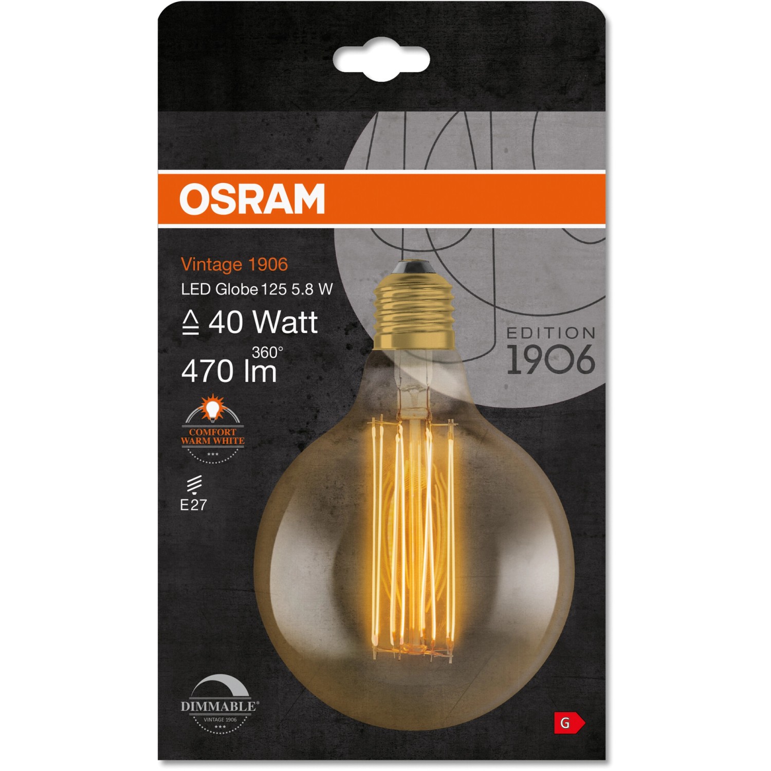 Osram LED-Leuchtmittel E27 Globe, 5,8W, warmweiß, dimmbar. Vintage-Look für Wohnräume.