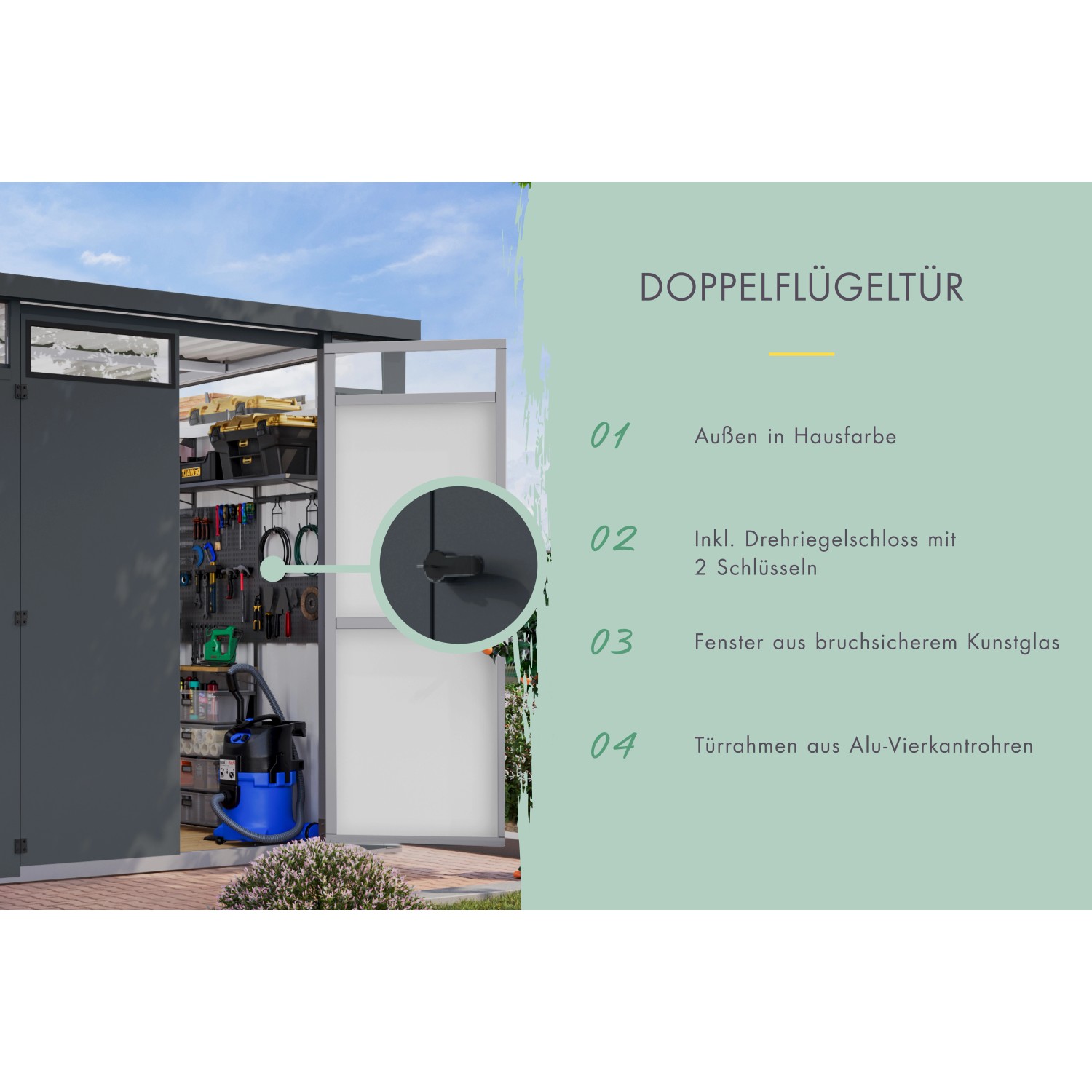 Karibu Metallgerätehaus Amato 2 Anthrazit mit Doppelflügeltür und Details.