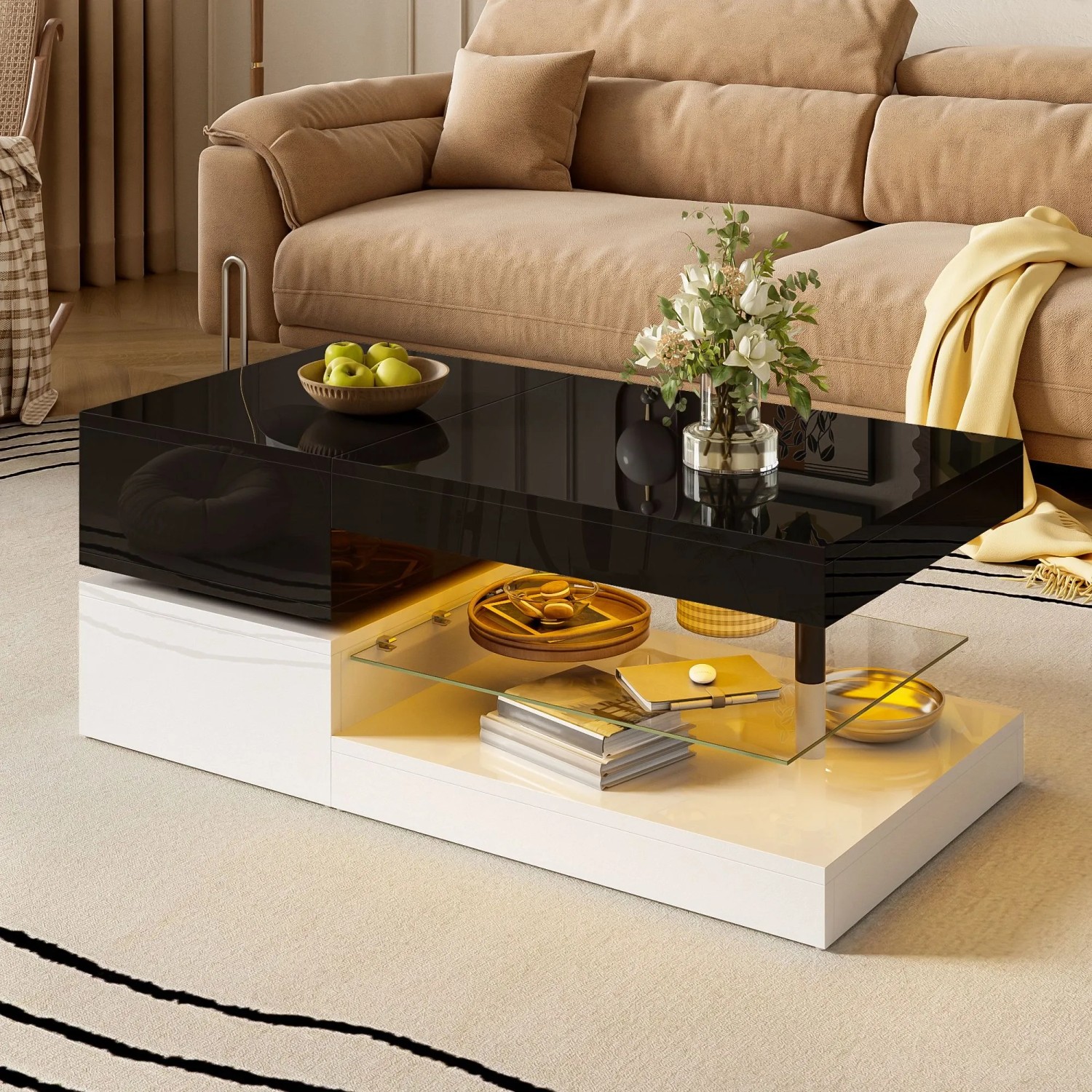 okwish Couchtisch mit LED/APP- und Bluetooth-Steuerung/Glasablage Wohnzimmertisch 90 x 45 cm Schwarz/Weiß kaufen bei OBI