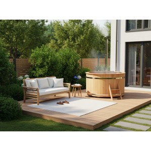 Finntherm Holz-Badefass Bergen mit Ofen im Garten, mit Leiter und Sitzbank.