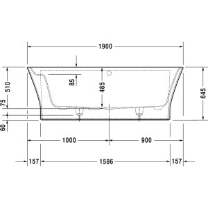 Technische Zeichnung einer weißen Duravit Cape Cod Badewanne, 190x90 cm, Vorwandversion mit Maßen.