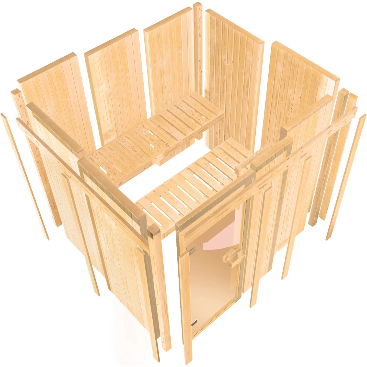 Karibu Sauna-Set Cleo im Aufbau: Elementsauna aus Fichte mit Tür und Liegen.