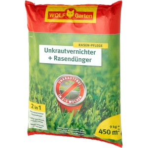 Wolf-Garten 2-in-1 Unkrautvernichter + Rasendünger, 9 kg Packung für 450 m² Rasenfläche.