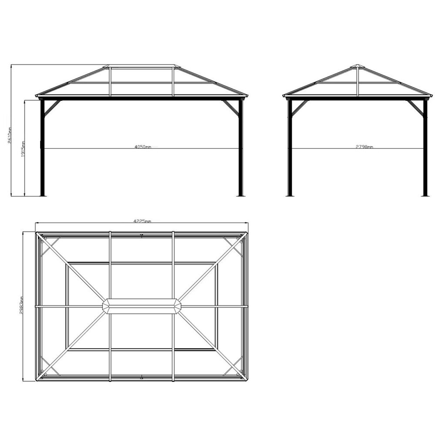 Sojag Pavillon Verona 10x14 Anthrazit: Technische Zeichnung mit Maßen für Aufbau.