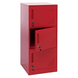 Roter MCW Spind P63 mit 3 Türen, eine Tür geöffnet, für Büro oder Werkstatt.