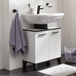 Fackelmann Waschbeckenunterschrank TE-A, 60,2 cm, Weiß Matt mit schwarzer Kante und Füßen.