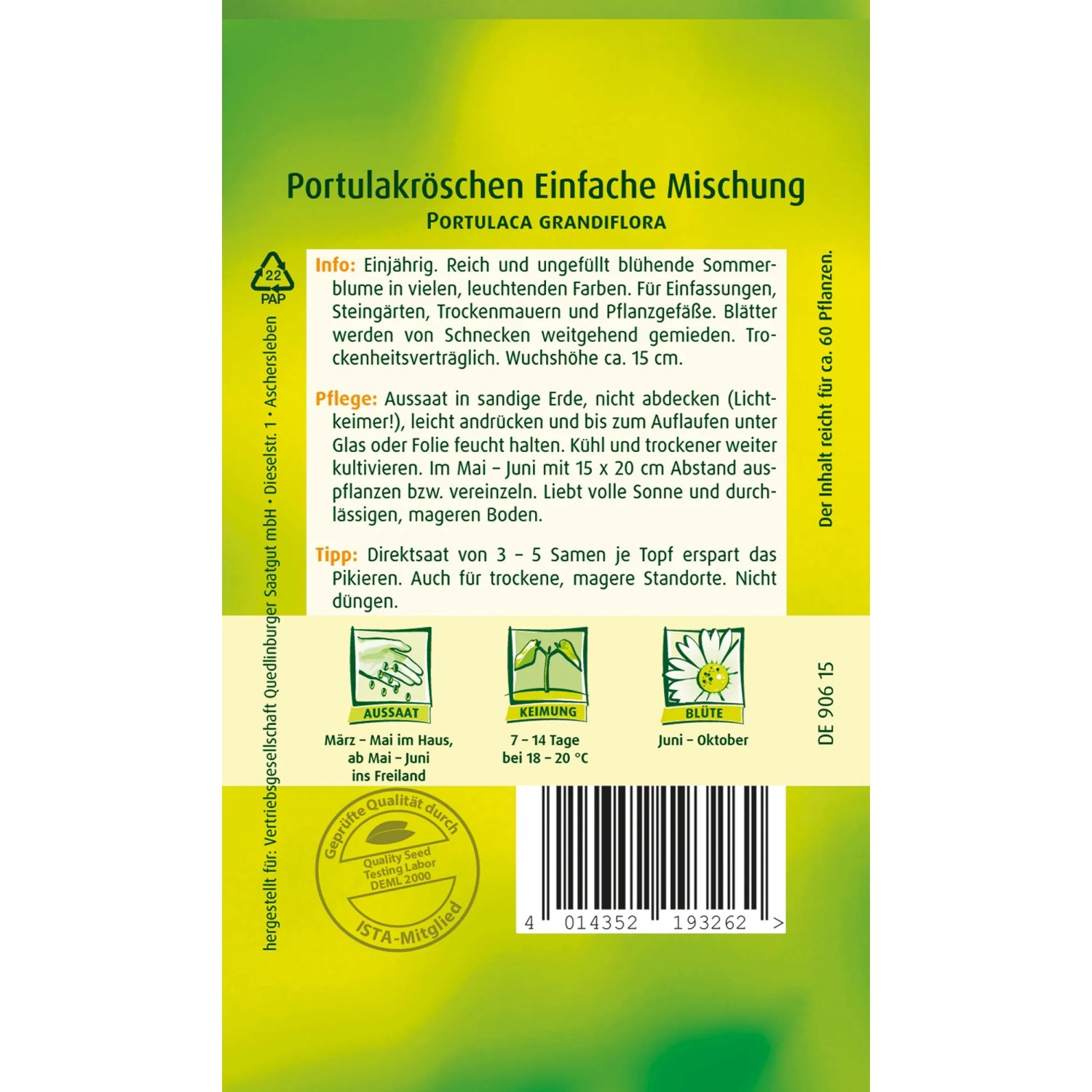 Samenpackung Quedlinburger Portulakröschen, einfach blühende Mischung für farbenfrohe Sommerblumen.