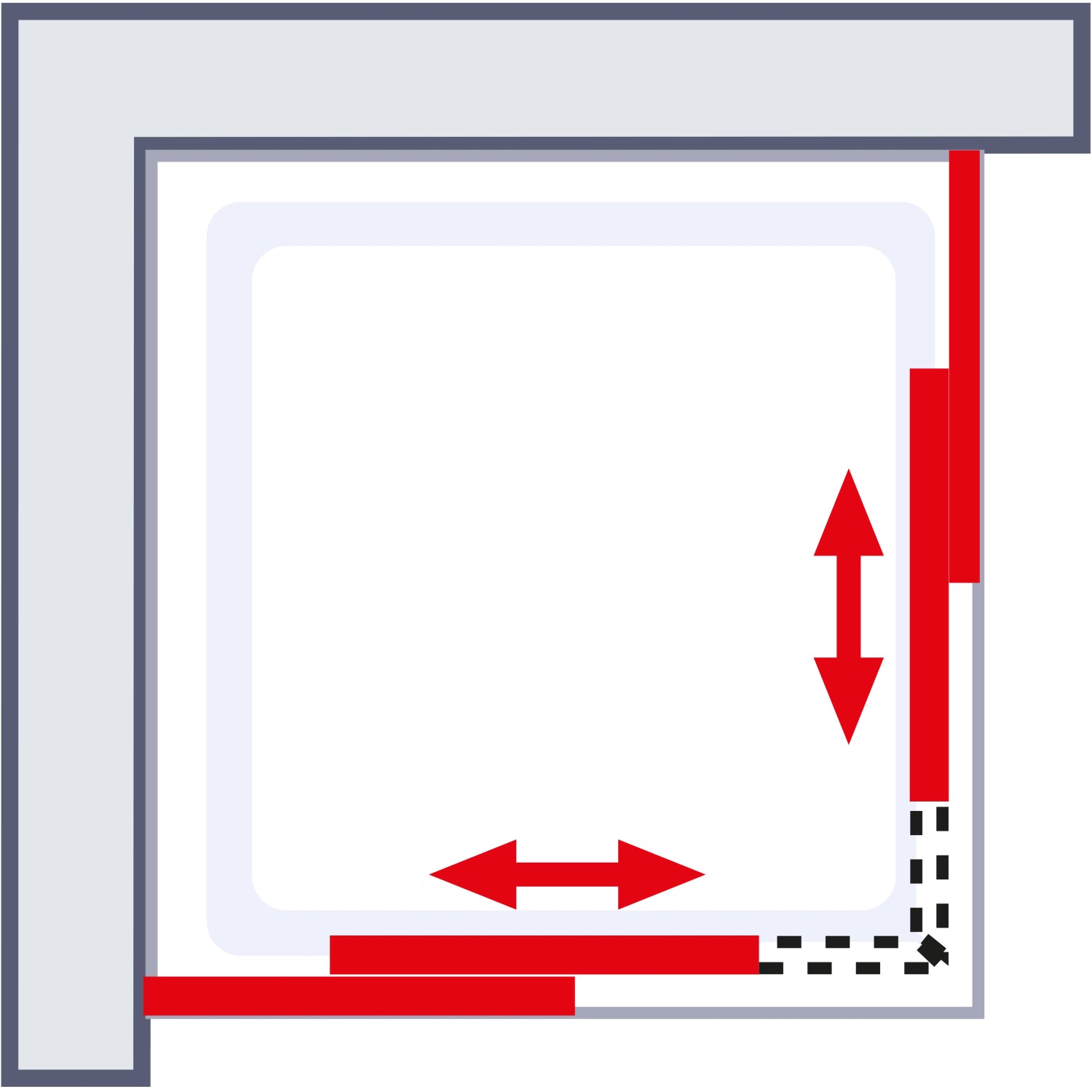 Schemazeichnung Schulte Eckeinstieg Kristall/Trend Echtglas klar hell, Duschkabine mit Eckeinstieg.